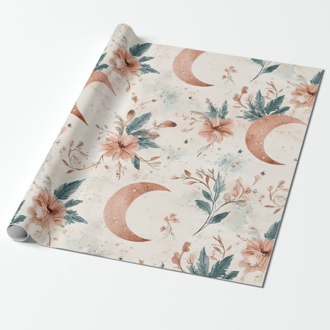 Kräm Terrakotta Halvmåne Blommig Celestiell Presentpapper (Utrullad)