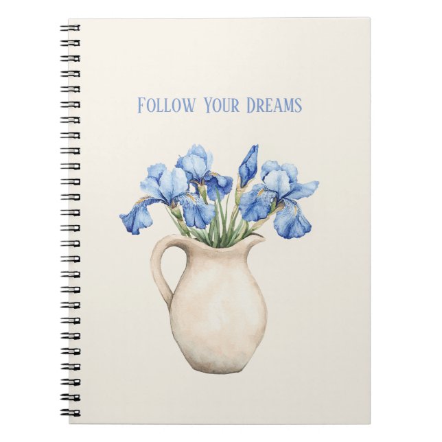 Kräm vas lila iris blommor   anteckningsbok (Framsidan)