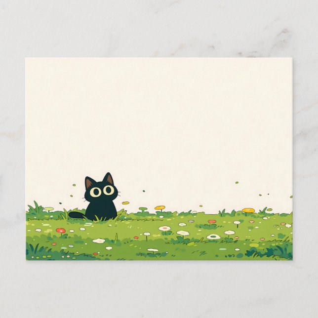 Kräm Vignett Kawaii Svart Katt Äng Vykort (Framsida)