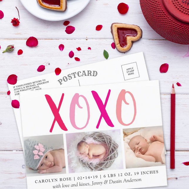 Kramar & Kyssar (XOXO) 3 Foto Födelseannons Meddelande Vykort (Skapare uppladdad)