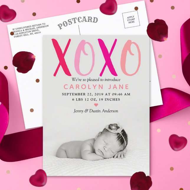 Kramar & Kyssar (XOXO) Foto Födelseannons Meddelande Vykort (Skapare uppladdad)
