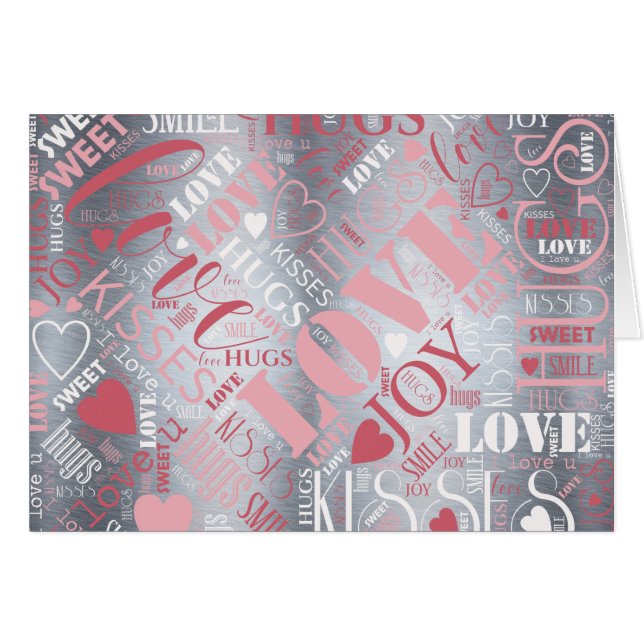 Kramar och Pussar Ord Moln Rosa/Silver ID286 Hälsningskort (Framsidan Horizontal)
