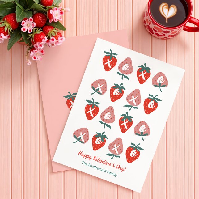 Kramar & Puss Kiss Jordgubb Alla hjärtans dag-kort Julkort (Hugs & Kisses Red Strawberry Valentines Day Cards)