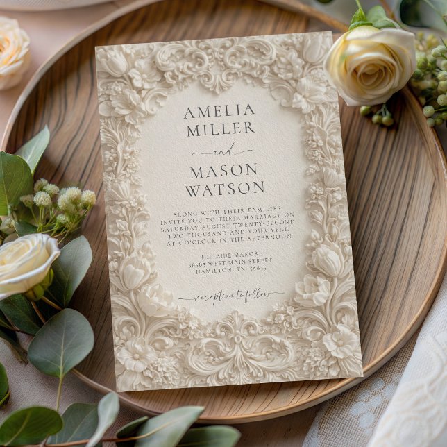 Krämbarock blomsterlig utsmyckad bröllopsinbjudan inbjudningar (Cream Baroque Floral Ornate Wedding Invitation)