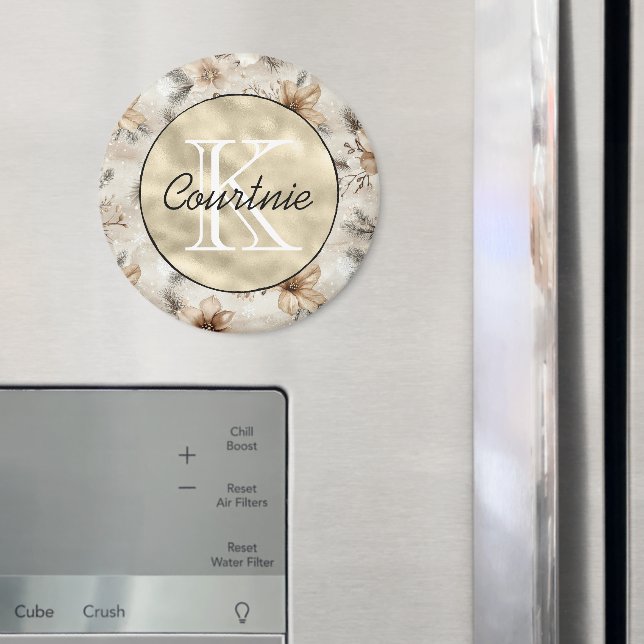 Krämbrun Blommig Guld Monogram      Magnet (In Situ (Fridge))