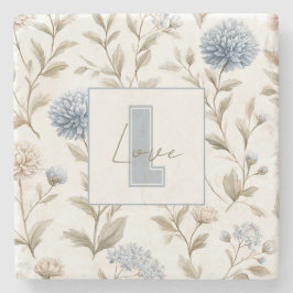 Krämbruna blå blommor monogram initial kärlek stenunderlägg