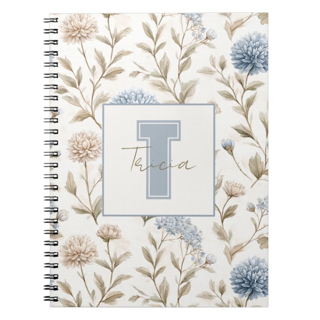 Krämbruna blå blommor Monogram Initial Namn Anteckningsbok (Framsidan)