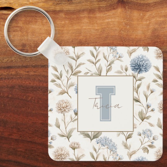 Krämbruna blå blommor monogram initial namn nyckelring (Framsida)