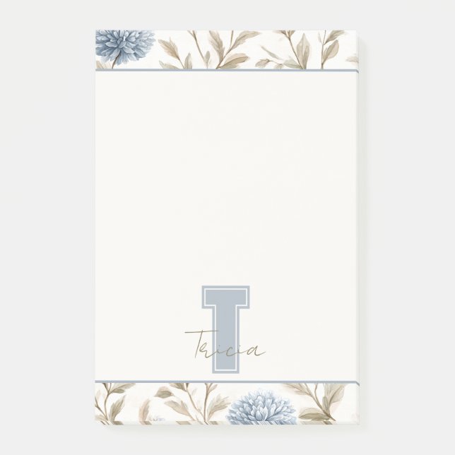 Krämbruna blå blommor Monogram Initial Namn Post-it Block (Framsida)