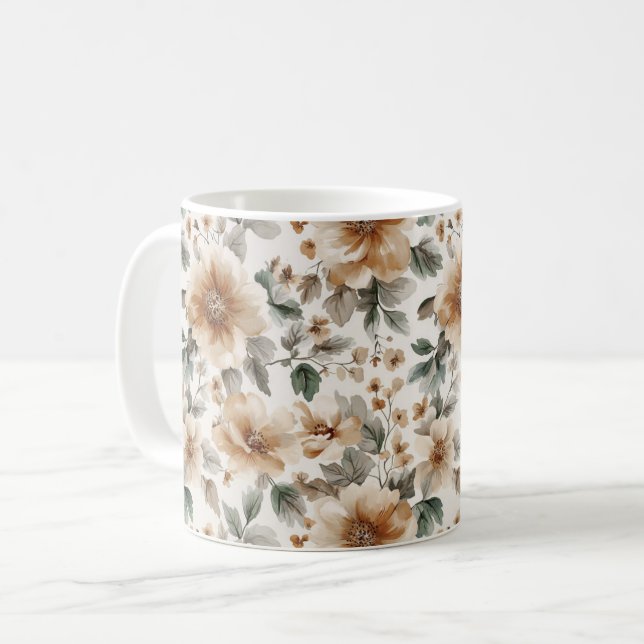 Krämbruna blommor kaffemugg (Framsida vänster)