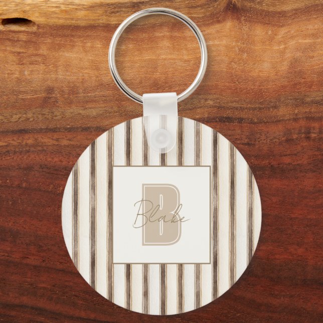 Krämbruna Ränder Monogram Initial Bokstav Nyckelring (Framsida)