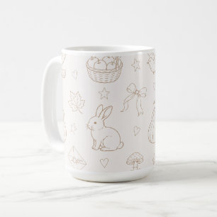 Krämbruna skiss korgar fåglar kaniner kaffemugg