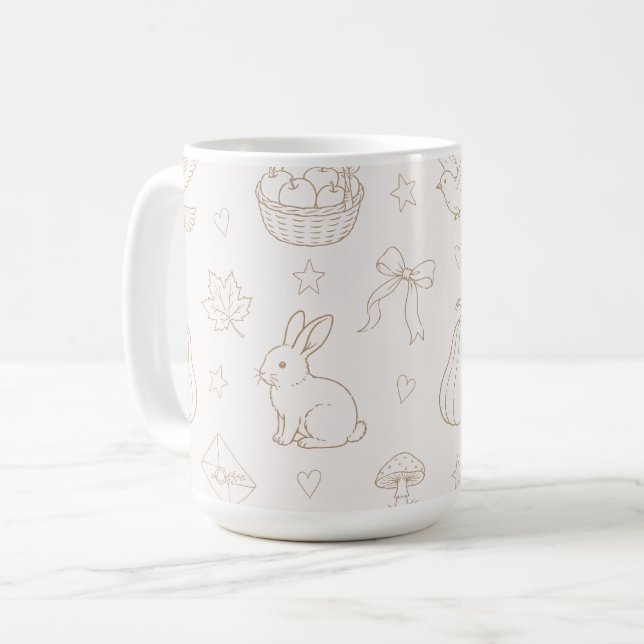 Krämbruna skiss korgar fåglar kaniner kaffemugg (Framsida vänster)