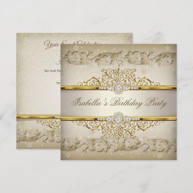 Krämer Beige Vitt Guld Elegant födelsedagsfest Inbjudningar (Fram/baksida)