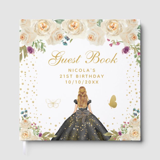Krämfärgad blomstergul hår prinsessa födelsedagsfe gästböcker (Framsida)
