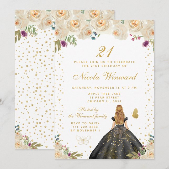 Krämfärgad blomsterguldblond hår prinsessa födelse inbjudningar (Fram/baksida)