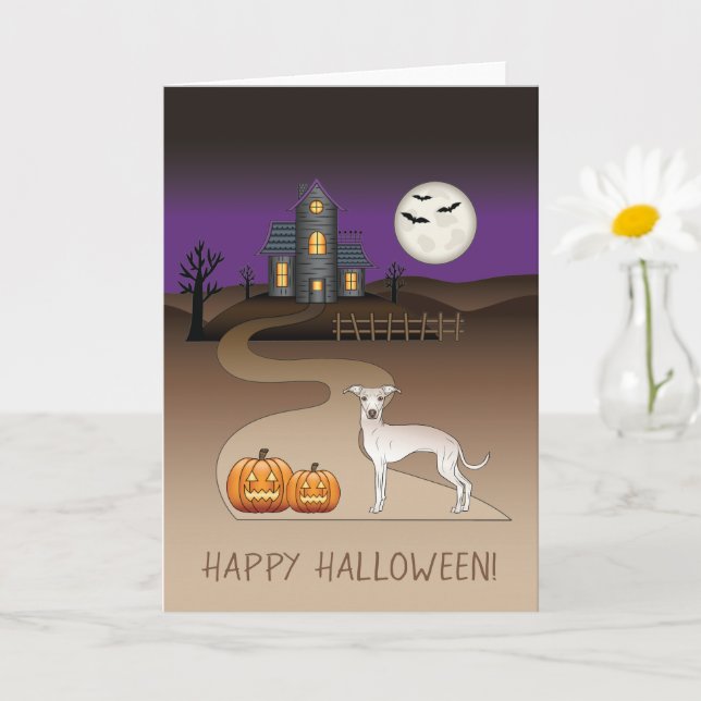 Krämfärgad Iggy Sött Hund Halloween Spökhus Kort (Liten växt)