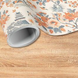 Krämfärgad orange blomster kineseri inredning presentpapper