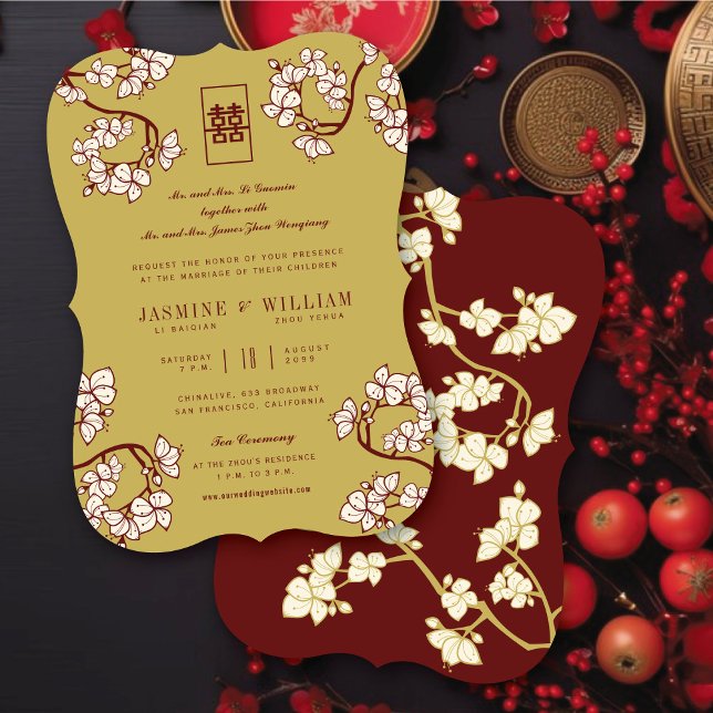 Krämfärgad Persika/Plommonblomster Dubbel Lycka Br Inbjudningar (Cream Peach/Plum Blossoms Double Happiness Elegant Chinese Wedding Invitation @ fatfatin_red_knot)