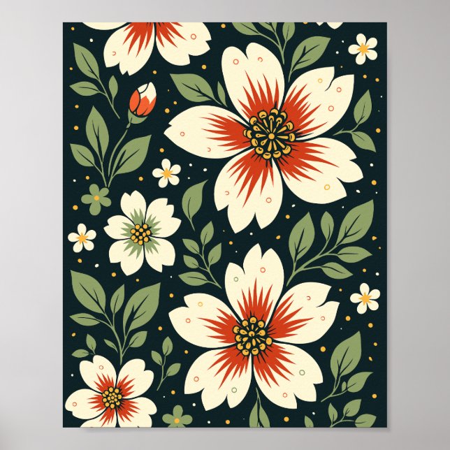 Krämfärgade blommor med röda centra & gröna blad poster (Framsidan)