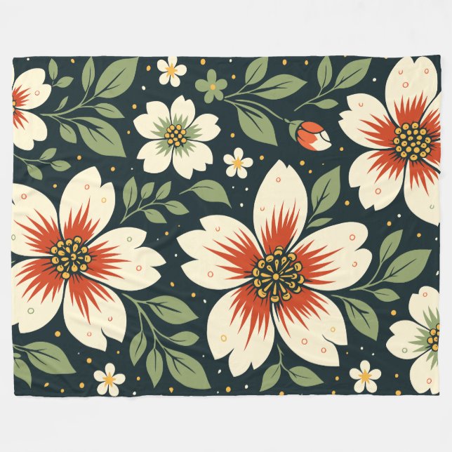 Krämfärgade blommor med röda centra och gröna blad fleecefilt (Framsidan (Horisontell))