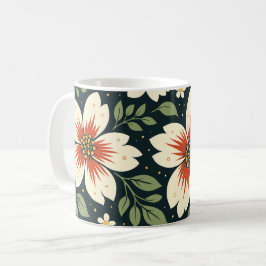 Krämfärgade blommor med röda centra och gröna blad kaffemugg