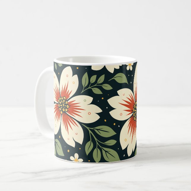 Krämfärgade blommor med röda centra och gröna blad kaffemugg (Framsida vänster)