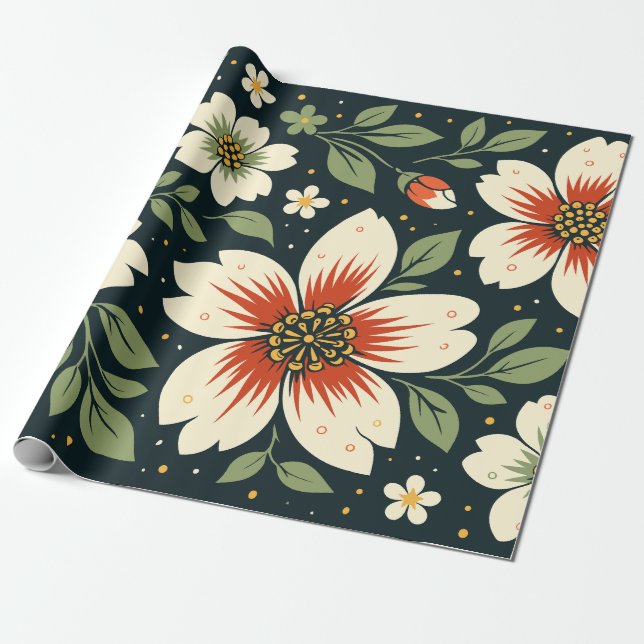 Krämfärgade blommor med röda centra och gröna blad presentpapper (Utrullad)