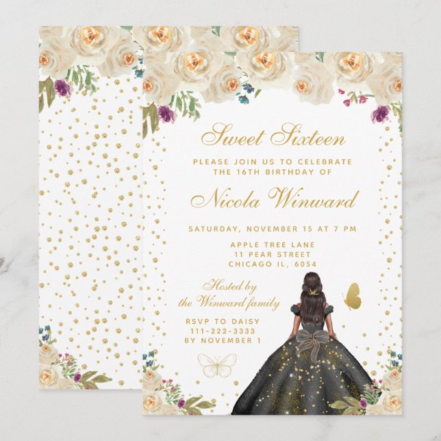 Krämfärgade Blommor Mörkhyad Prinsessa Sweet Sixte Inbjudningar (Fram/baksida)