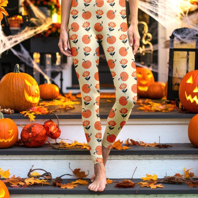 Krämfärgade Vintage Pumpa och Blommor Halloween Leggings (Skapare uppladdad)