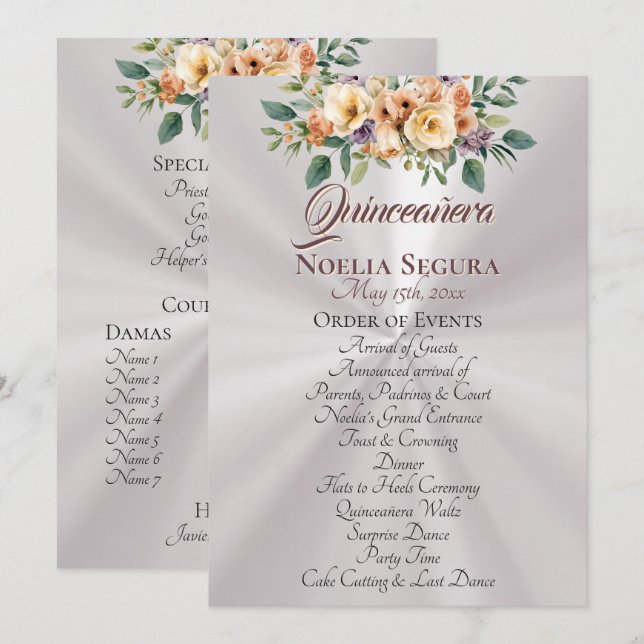 Krämfärgat Blommig Quinceanera-Program - Pärlvit Program (Fram/baksida)