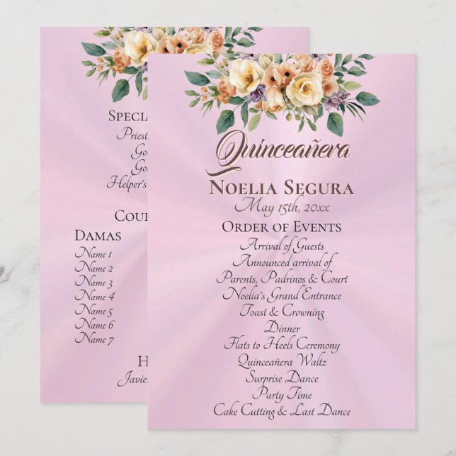 Krämfärgat Blommig Quinceañera-Program - Pastell R Program (Fram/baksida)