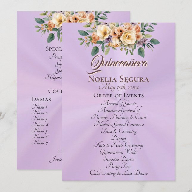 Krämfärgat Blommigt Quinceañera-Program - Lavendel Program (Fram/baksida)