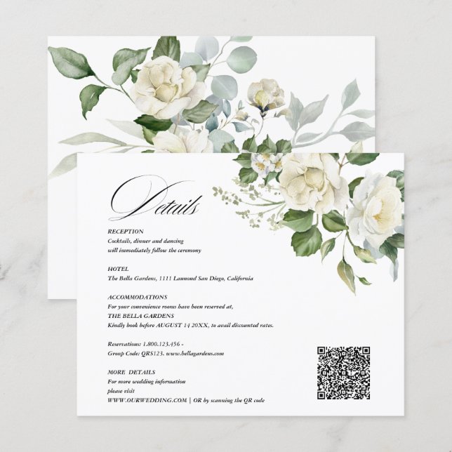 Krämig Blommig Eukalyptus QR-kod Detaljer Bröllop (Fram/baksida)