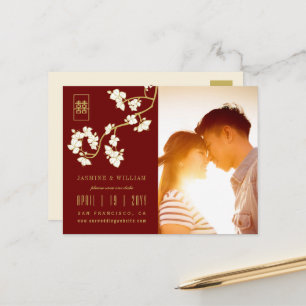 Krämig Ferskenblom Chinese Bröllop Save The Date Meddelande Vykort