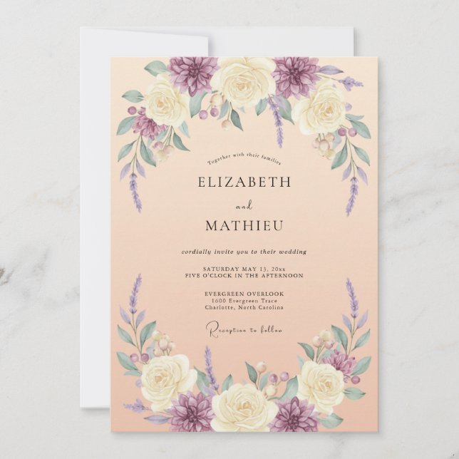 Krämig Lavendel Blommig Konstnärlig Bröllop Inbjudningar (Framsida)
