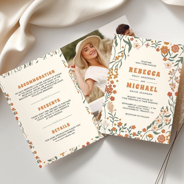 Krämig Orange Groovy Vildblomma Allt-i-ett Bröllop Inbjudan (Skapare uppladdad)