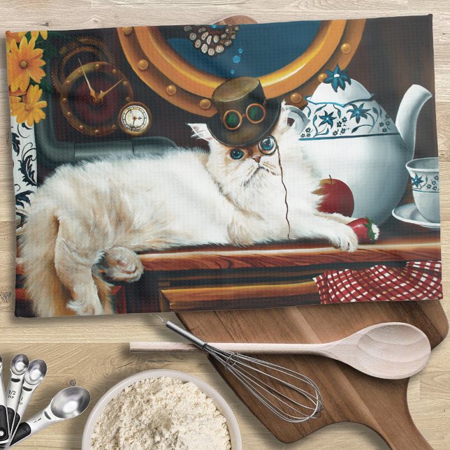 Krämig Viktoriansk Steampunk Katte Tea Party Ubåt Kökshandduk (Skapare uppladdad)