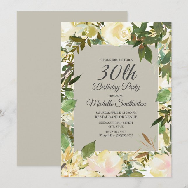 Krämig vit blomsteraktig Sagegrön 30-årsdag Inbjudningar (Fram/baksida)