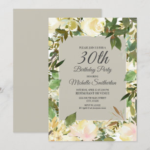Krämig vit blomsteraktig Sagegrön 30-årsdag Inbjudningar