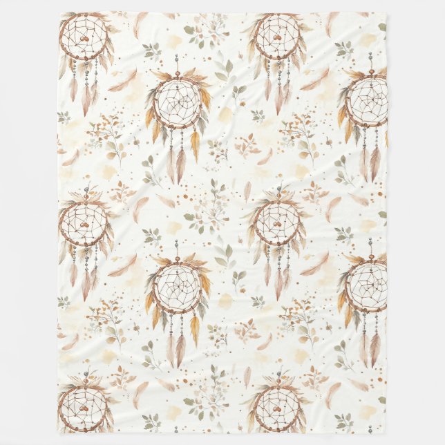 Krämiga Boho Fjädrar Drömfångare Fleecefilt (Framsidan)