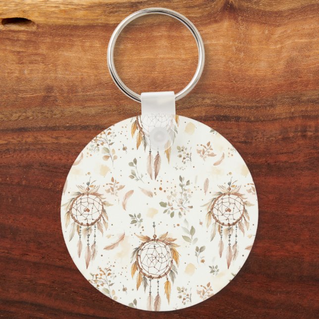 Krämiga Boho Fjädrar Drömfångare Nyckelring (Framsida)