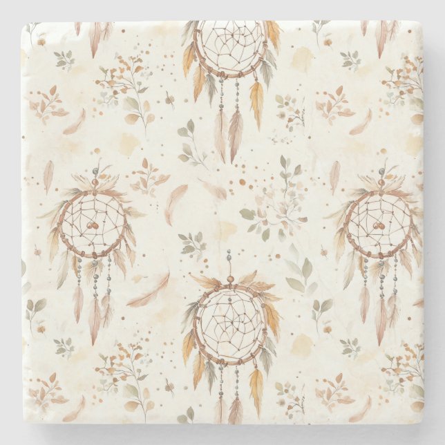 Krämiga Boho Fjädrar Drömfångare Stenunderlägg (Framsidan)