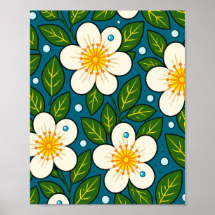 Krämiga vita blommor med gröna blad poster