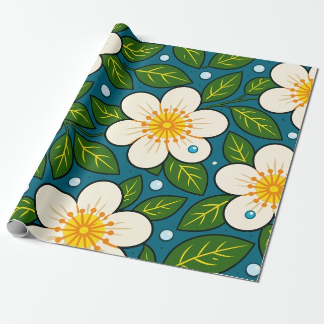 Krämiga vita blommor med gröna blad presentpapper (Utrullad)