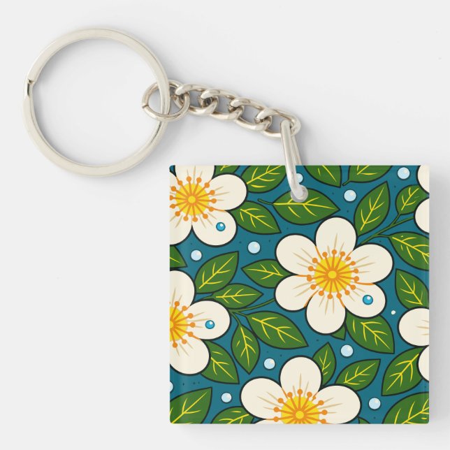 Krämiga vita blommor mönster med gröna blad (Framsidan)