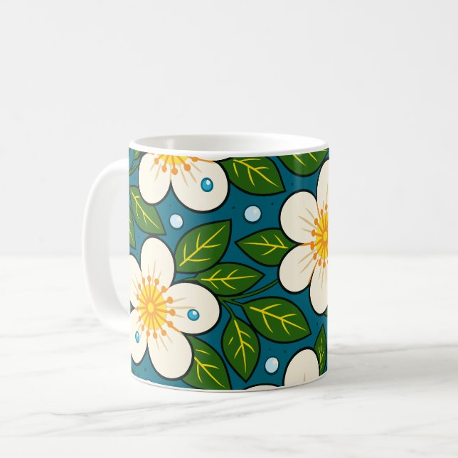 Krämiga vita blommor mönster med gröna blad kaffemugg (Framsida vänster)
