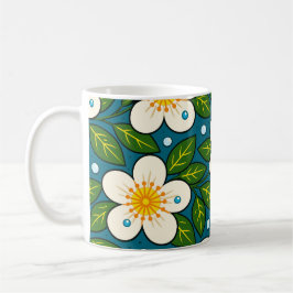 Krämiga vita blommor mönster med gröna blad kaffemugg