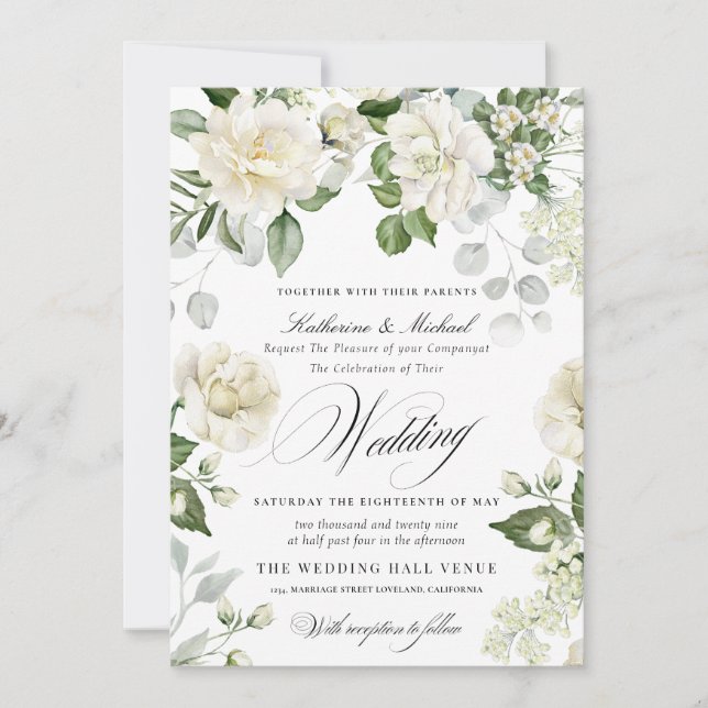 KrämigBlomsterglans Eukalyptus Script Kalligrafi B Inbjudningar (Framsida)