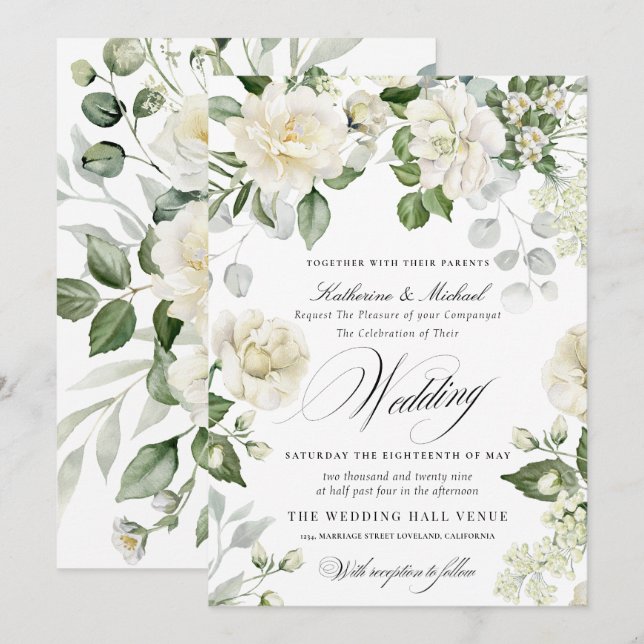 KrämigBlomstergrafik Eukalyptus Script Kalligrafi  Inbjudningar (Fram/baksida)